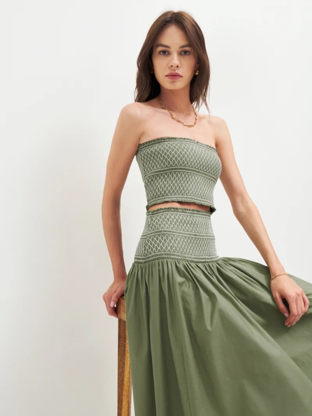 Reformation Olive Green Smocked Strapless Crop Top